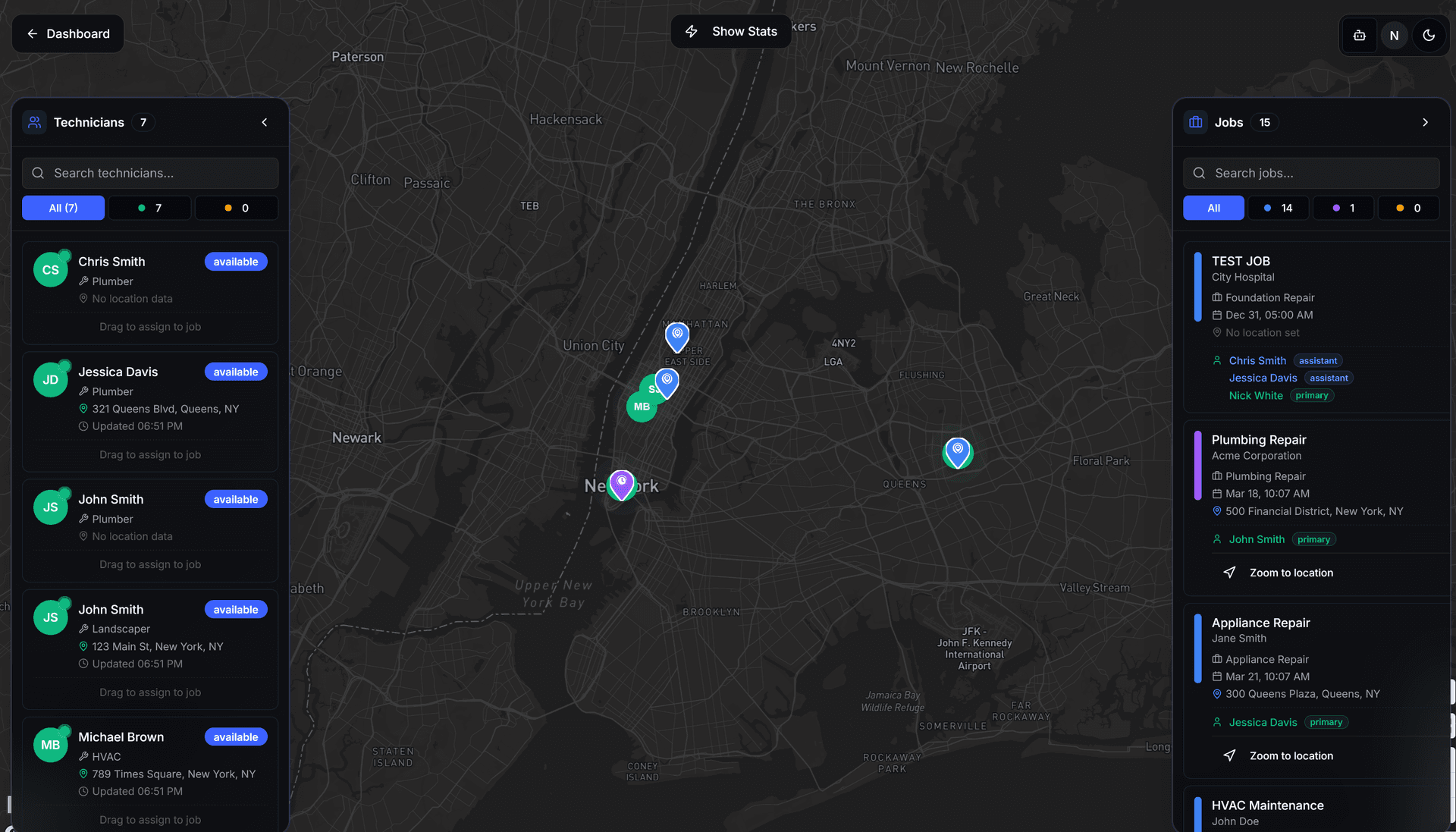 Dispatch map with technician locations and AI recommendations